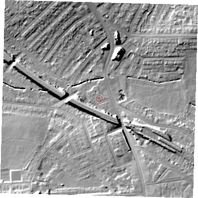 Shaded relief map of the ground around SW165PP, computed from Environment Agency LiDAR. The ground here sits at about 33 m above sea level and falls 19 m across the surrounding 800 m. Surface water reaching this point runs off ground lying to the north-west, 0.6 m higher.