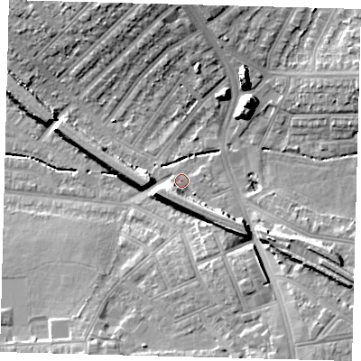 Shaded relief map of the ground around SW165PW, computed from Environment Agency LiDAR. The ground here sits at about 33 m above sea level and falls 19 m across the surrounding 800 m. Surface water reaching this point runs off ground lying to the south-east, 7.0 m higher.