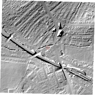 Shaded relief map of the ground around SW165QA, computed from Environment Agency LiDAR. The ground here sits at about 32 m above sea level and falls 19 m across the surrounding 800 m. Surface water reaching this point runs off ground lying to the north-north-east, 17.1 m higher.