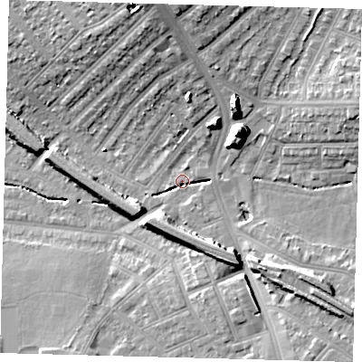 Shaded relief map of the ground around SW165QB, computed from Environment Agency LiDAR. The ground here sits at about 32 m above sea level and falls 19 m across the surrounding 800 m. Surface water reaching this point runs off ground lying to the north-east, 17.1 m higher.