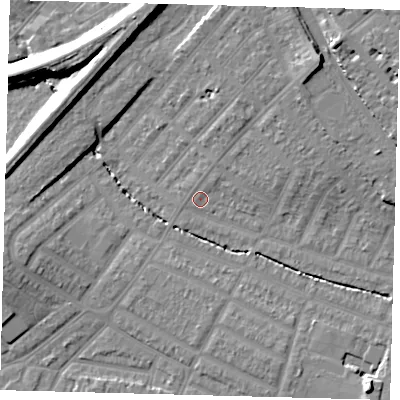 Shaded relief map of the ground around SW165SQ, computed from Environment Agency LiDAR. The ground here sits at about 27 m above sea level and falls 15 m across the surrounding 800 m. Surface water reaching this point runs off ground lying to the north-east, 12.2 m higher.