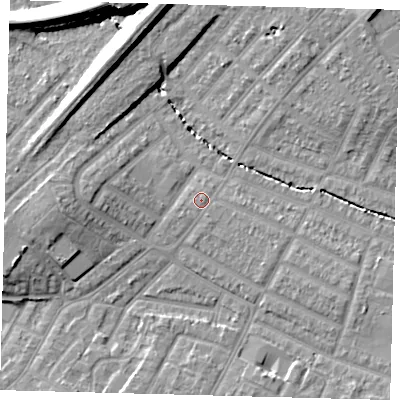Shaded relief map of the ground around SW165TB, computed from Environment Agency LiDAR. The ground here sits at about 27 m above sea level and falls 14 m across the surrounding 800 m. Surface water reaching this point runs off ground lying to the north-east, 10.8 m higher.