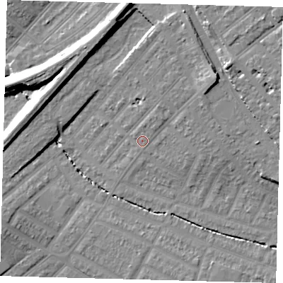 Shaded relief map of the ground around SW165TD, computed from Environment Agency LiDAR. The ground here sits at about 28 m above sea level and falls 17 m across the surrounding 800 m. Surface water reaching this point runs off ground lying to the north-east, 8.3 m higher.