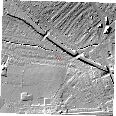 Shaded relief map of the ground around SW165TY, computed from Environment Agency LiDAR. The ground here sits at about 31 m above sea level and falls 20 m across the surrounding 800 m. Surface water reaching this point runs off ground lying to the south, 8.7 m higher.