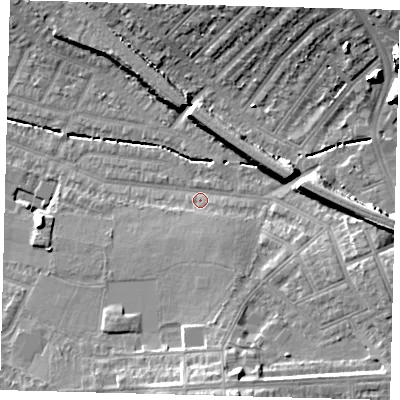 Shaded relief map of the ground around SW165UA, computed from Environment Agency LiDAR. The ground here sits at about 31 m above sea level and falls 21 m across the surrounding 800 m. Surface water reaching this point runs off ground lying to the south, 10.6 m higher.