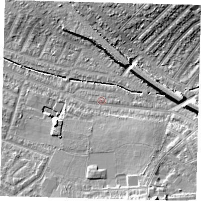 Shaded relief map of the ground around SW165UB, computed from Environment Agency LiDAR. The ground here sits at about 30 m above sea level and falls 15 m across the surrounding 800 m. Surface water reaching this point runs off ground lying to the south-south-east, 10.0 m higher.