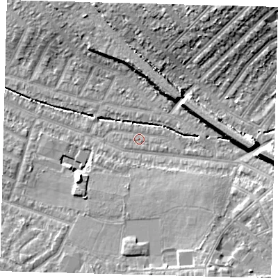Shaded relief map of the ground around SW165UD, computed from Environment Agency LiDAR. The ground here sits at about 30 m above sea level and falls 16 m across the surrounding 800 m. Surface water reaching this point runs off ground lying to the east, 1.4 m higher.