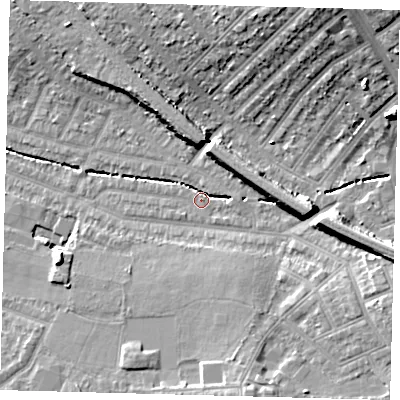 Shaded relief map of the ground around SW165UE, computed from Environment Agency LiDAR. The ground here sits at about 31 m above sea level and falls 16 m across the surrounding 800 m. Surface water reaching this point runs off ground lying to the south-east, 3.0 m higher.