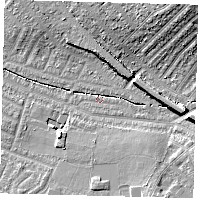 Shaded relief map of the ground around SW165UF, computed from Environment Agency LiDAR. The ground here sits at about 29 m above sea level and falls 17 m across the surrounding 800 m. Surface water reaching this point runs off ground lying to the east-south-east, 3.8 m higher.