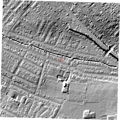 Shaded relief map of the ground around SW165UG, computed from Environment Agency LiDAR. The ground here sits at about 28 m above sea level and falls 16 m across the surrounding 800 m. Surface water reaching this point runs off ground lying to the east-south-east, 5.7 m higher.