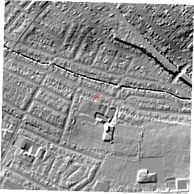 Shaded relief map of the ground around SW165UQ, computed from Environment Agency LiDAR. The ground here sits at about 28 m above sea level and falls 16 m across the surrounding 800 m. Surface water reaching this point runs off ground lying to the east-south-east, 5.5 m higher.