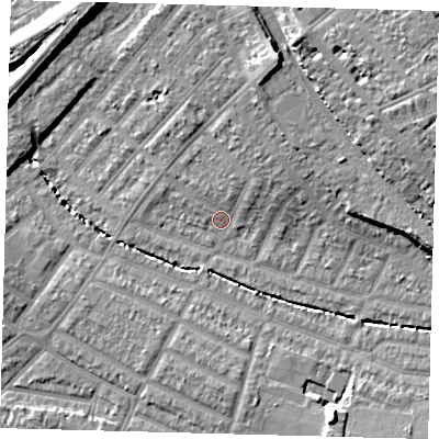 Shaded relief map of the ground around SW165UR, computed from Environment Agency LiDAR. The ground here sits at about 28 m above sea level and falls 17 m across the surrounding 800 m. Surface water reaching this point runs off ground lying to the north-east, 3.8 m higher.