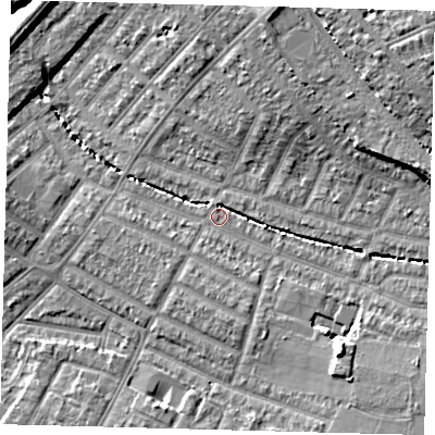 Shaded relief map of the ground around SW165UU, computed from Environment Agency LiDAR. The ground here sits at about 27 m above sea level and falls 15 m across the surrounding 800 m. Surface water reaching this point runs off ground lying to the south-east, 6.6 m higher.