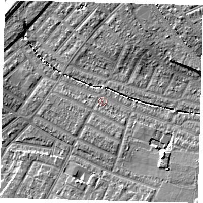 Shaded relief map of the ground around SW165UX, computed from Environment Agency LiDAR. The ground here sits at about 27 m above sea level and falls 14 m across the surrounding 800 m. Surface water reaching this point runs off ground lying to the south-east, 6.6 m higher.