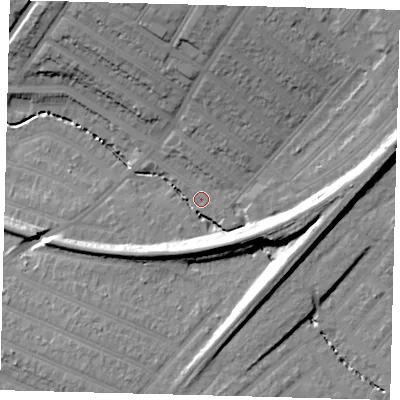 Shaded relief map of the ground around SW166DY, computed from Environment Agency LiDAR. The ground here sits at about 22 m above sea level and falls 20 m across the surrounding 800 m. Surface water reaching this point runs off ground lying to the east-north-east, 13.5 m higher.