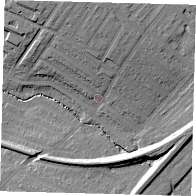 Shaded relief map of the ground around SW166NU, computed from Environment Agency LiDAR. The ground here sits at about 26 m above sea level and falls 23 m across the surrounding 800 m. Surface water reaching this point runs off ground lying to the north, 13.9 m higher.