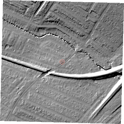 Shaded relief map of the ground around SW166NY, computed from Environment Agency LiDAR. The ground here sits at about 22 m above sea level and falls 21 m across the surrounding 800 m. Surface water reaching this point runs off ground lying to the south-west, 1.4 m higher.
