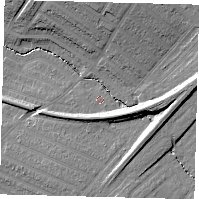 Shaded relief map of the ground around SW166PF, computed from Environment Agency LiDAR. The ground here sits at about 22 m above sea level and falls 20 m across the surrounding 800 m. Surface water reaching this point runs off ground lying to the south-east, 9.5 m higher.