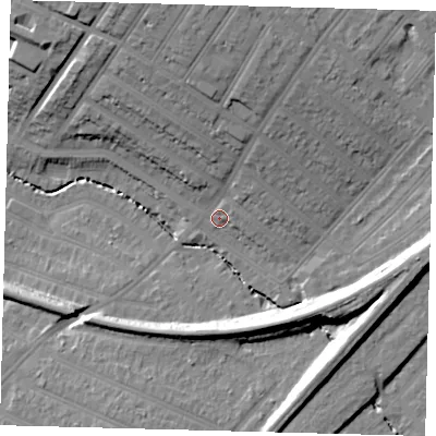 Shaded relief map of the ground around SW166QB, computed from Environment Agency LiDAR. The ground here sits at about 24 m above sea level and falls 23 m across the surrounding 800 m. Surface water reaching this point runs off ground lying to the north, 14.8 m higher.