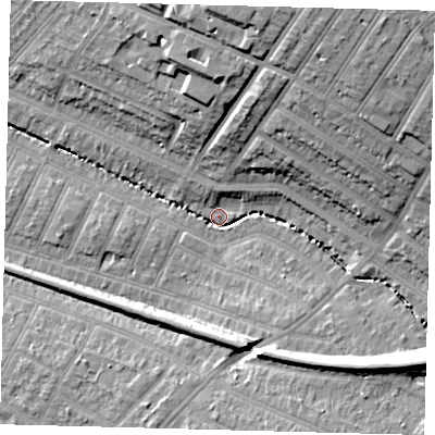 Shaded relief map of the ground around SW166QE, computed from Environment Agency LiDAR. The ground here sits at about 19 m above sea level and falls 24 m across the surrounding 800 m. Surface water reaching this point runs off ground lying to the north-east, 22.1 m higher.