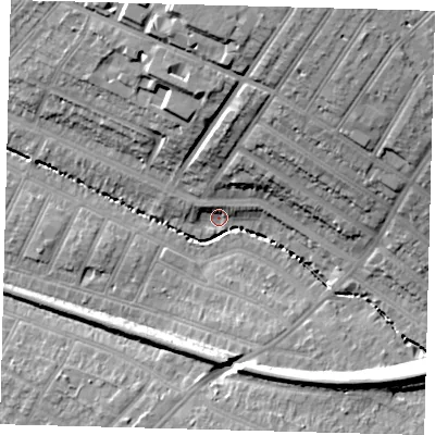 Shaded relief map of the ground around SW166QU, computed from Environment Agency LiDAR. The ground here sits at about 19 m above sea level and falls 24 m across the surrounding 800 m. Surface water reaching this point runs off ground lying to the north-east, 3.8 m higher.