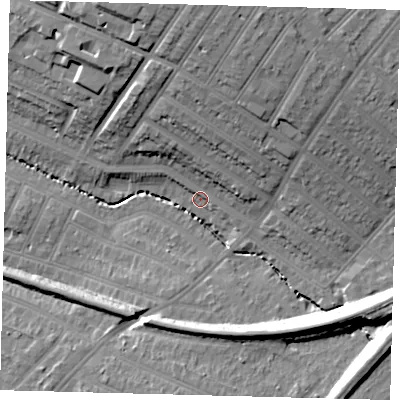 Shaded relief map of the ground around SW166QX, computed from Environment Agency LiDAR. The ground here sits at about 21 m above sea level and falls 23 m across the surrounding 800 m. Surface water reaching this point runs off ground lying to the north, 7.6 m higher.