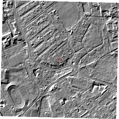 Shaded relief map of the ground around SW170AD, computed from Environment Agency LiDAR. The ground here sits at about 11 m above sea level and falls 11 m across the surrounding 800 m. Surface water reaching this point runs off ground lying to the north-west, 0.7 m higher.