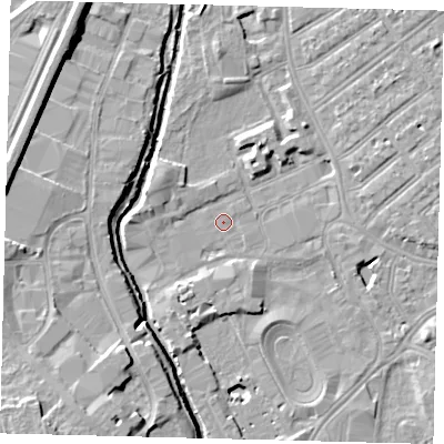 Shaded relief map of the ground around SW170AR, computed from Environment Agency LiDAR. The ground here sits at about 9 m above sea level and falls 12 m across the surrounding 800 m. Surface water reaching this point runs off ground lying to the east, 3.8 m higher.