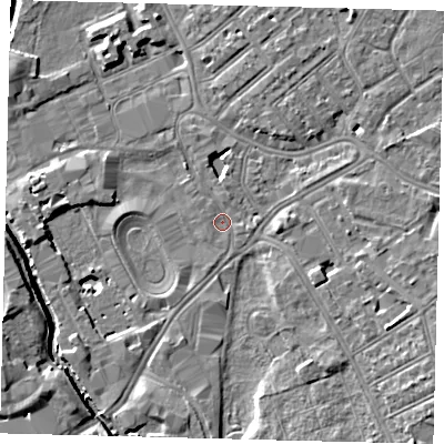 Shaded relief map of the ground around SW170AX, computed from Environment Agency LiDAR. The ground here sits at about 9 m above sea level and falls 9 m across the surrounding 800 m. Surface water reaching this point runs off ground lying to the south-east, 5.0 m higher.