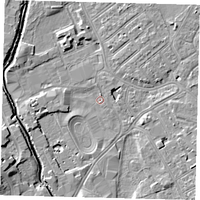 Shaded relief map of the ground around SW170AY, computed from Environment Agency LiDAR. The ground here sits at about 9 m above sea level and falls 11 m across the surrounding 800 m. Surface water reaching this point runs off ground lying to the east-south-east, 4.2 m higher.