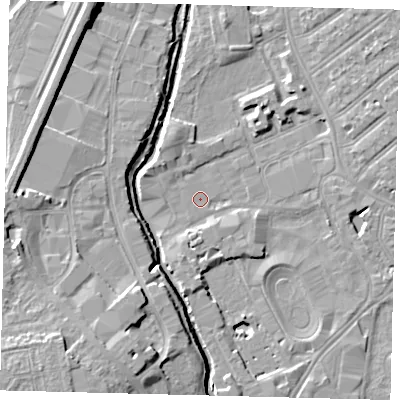 Shaded relief map of the ground around SW170BA, computed from Environment Agency LiDAR. The ground here sits at about 9 m above sea level and falls 12 m across the surrounding 800 m. Surface water reaching this point runs off ground lying to the east-north-east, 4.9 m higher.