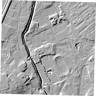 Shaded relief map of the ground around SW170BB, computed from Environment Agency LiDAR. The ground here sits at about 10 m above sea level and falls 12 m across the surrounding 800 m. Surface water reaching this point runs off ground lying to the west-south-west, 1.4 m higher.