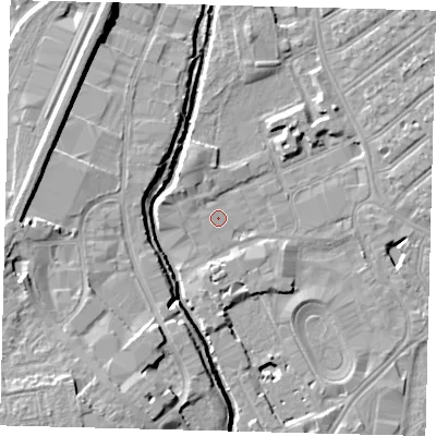Shaded relief map of the ground around SW170BE, computed from Environment Agency LiDAR. The ground here sits at about 9 m above sea level and falls 12 m across the surrounding 800 m. Surface water reaching this point runs off ground lying to the east-north-east, 4.9 m higher.