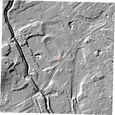 Shaded relief map of the ground around SW170BH, computed from Environment Agency LiDAR. The ground here sits at about 9 m above sea level and falls 11 m across the surrounding 800 m. Surface water reaching this point runs off ground lying to the south-south-west, 2.7 m higher.