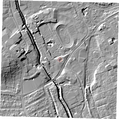 Shaded relief map of the ground around SW170BN, computed from Environment Agency LiDAR. The ground here sits at about 10 m above sea level and falls 11 m across the surrounding 800 m. Surface water reaching this point runs off ground lying to the south, 1.9 m higher.