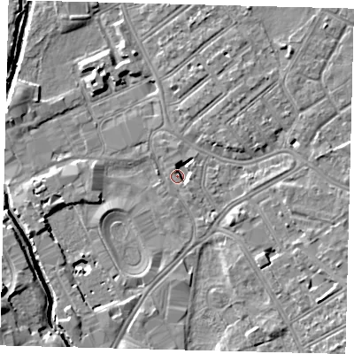 Shaded relief map of the ground around SW170BQ, computed from Environment Agency LiDAR. The ground here sits at about 9 m above sea level and falls 10 m across the surrounding 800 m. Surface water reaching this point runs off ground lying to the north-east, 2.6 m higher.