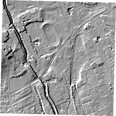 Shaded relief map of the ground around SW170BW, computed from Environment Agency LiDAR. The ground here sits at about 10 m above sea level and falls 11 m across the surrounding 800 m. Surface water reaching this point runs off ground lying to the south-south-west, 2.6 m higher.