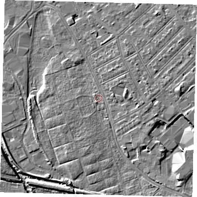 Shaded relief map of the ground around SW170BY, computed from Environment Agency LiDAR. The ground here sits at about 11 m above sea level and falls 8 m across the surrounding 800 m. Surface water reaching this point runs off ground lying to the east, 6.0 m higher.