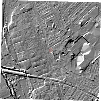 Shaded relief map of the ground around SW170BZ, computed from Environment Agency LiDAR. The ground here sits at about 11 m above sea level and falls 10 m across the surrounding 800 m. Surface water reaching this point runs off ground lying to the east, 7.4 m higher.