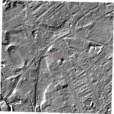 Shaded relief map of the ground around SW170DA, computed from Environment Agency LiDAR. The ground here sits at about 11 m above sea level and falls 8 m across the surrounding 800 m. Surface water reaching this point runs off ground lying to the east-south-east, 3.2 m higher.