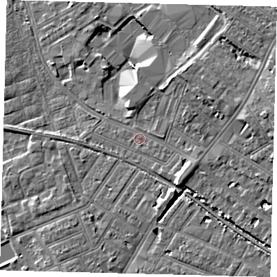 Shaded relief map of the ground around SW170DE, computed from Environment Agency LiDAR. The ground here sits at about 14 m above sea level and falls 12 m across the surrounding 800 m. Surface water reaching this point runs off ground lying to the east, 7.6 m higher.