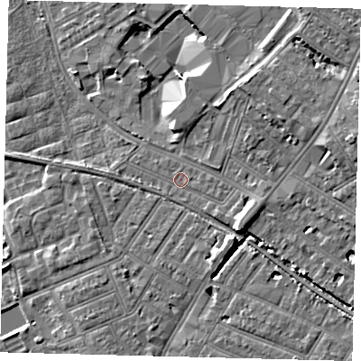 Shaded relief map of the ground around SW170DF, computed from Environment Agency LiDAR. The ground here sits at about 13 m above sea level and falls 12 m across the surrounding 800 m. Surface water reaching this point runs off ground lying to the south-east, 4.9 m higher.