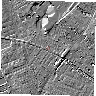 Shaded relief map of the ground around SW170DG, computed from Environment Agency LiDAR. The ground here sits at about 14 m above sea level and falls 12 m across the surrounding 800 m. Surface water reaching this point runs off ground lying to the east-south-east, 4.9 m higher.
