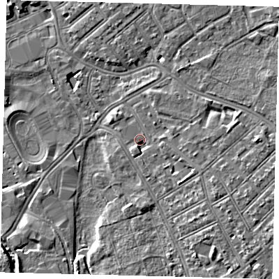 Shaded relief map of the ground around SW170DH, computed from Environment Agency LiDAR. The ground here sits at about 11 m above sea level and falls 7 m across the surrounding 800 m. Surface water reaching this point runs off ground lying to the south-south-west, 2.2 m higher.