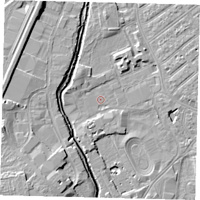 Shaded relief map of the ground around SW170FU, computed from Environment Agency LiDAR. The ground here sits at about 9 m above sea level and falls 12 m across the surrounding 800 m. Surface water reaching this point runs off ground lying to the east-north-east, 4.9 m higher.