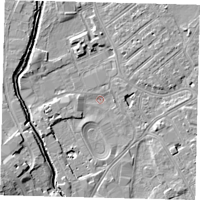 Shaded relief map of the ground around SW170GY, computed from Environment Agency LiDAR. The ground here sits at about 8 m above sea level and falls 11 m across the surrounding 800 m. Surface water reaching this point runs off ground lying to the east-north-east, 3.8 m higher.