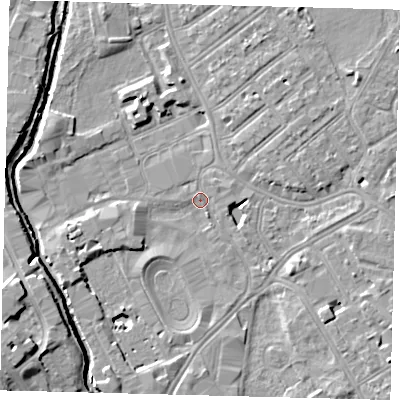 Shaded relief map of the ground around SW170GZ, computed from Environment Agency LiDAR. The ground here sits at about 9 m above sea level and falls 11 m across the surrounding 800 m. Surface water reaching this point runs off ground lying to the east-south-east, 4.2 m higher.