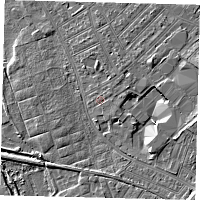 Shaded relief map of the ground around SW170HD, computed from Environment Agency LiDAR. The ground here sits at about 12 m above sea level and falls 10 m across the surrounding 800 m. Surface water reaching this point runs off ground lying to the east-north-east, 2.8 m higher.