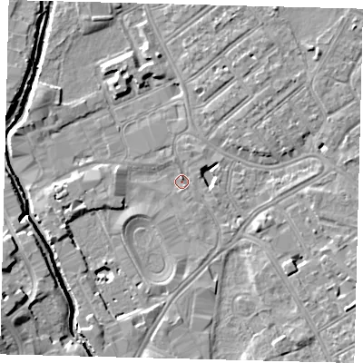 Shaded relief map of the ground around SW170HF, computed from Environment Agency LiDAR. The ground here sits at about 9 m above sea level and falls 11 m across the surrounding 800 m. Surface water reaching this point runs off ground lying to the east-south-east, 4.2 m higher.