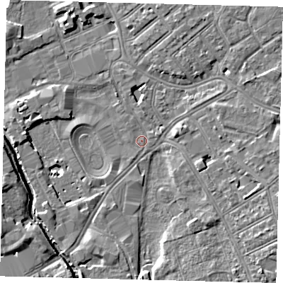 Shaded relief map of the ground around SW170HJ, computed from Environment Agency LiDAR. The ground here sits at about 9 m above sea level and falls 9 m across the surrounding 800 m. Surface water reaching this point runs off ground lying to the south-east, 5.1 m higher.